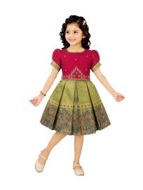 Traditional Art Silk Sage Green Multicolor Floral Paisley Jacquard Frock
