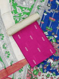 Graceful Essence Butta with Kalamkari Floral Bird Dupatta Dress Material