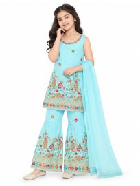 Graceful Essence Girls Peacock Floral Embroidered Kurta Sharara Dupatta Set