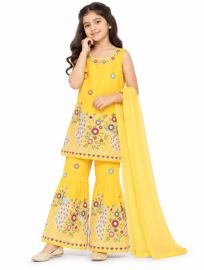 Graceful Essence Girls Peacock Floral Embroidered Kurta Sharara Dupatta Set