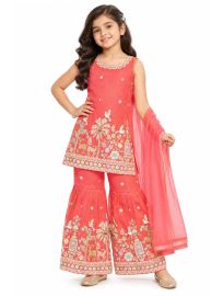 Graceful Essence Girls Deer Bird Floral Embroidered Kurta Gharara Dupatta Set