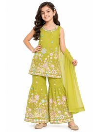 Graceful Essence Girls Multicolour Floral Embroidered Kurta Gharara Dupatta Set