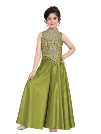 Gracecharm Pure Silk Girls Embroidered Ethnic Crop Top Palazzo Set