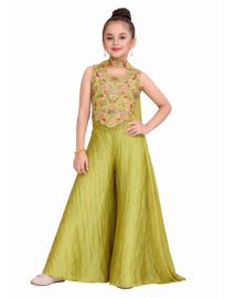 Gracecharm Silk Mix Girls Embroidered Ethnic Crop Top Palazzo Set with Dupatta