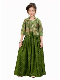 Gracecharm Girls Brocade Foil Silk Ethnic Crop Top Palazzo Set with Jacket