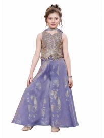 Gracecharm Foil Silk Girls Embroidered Ethnic Crop Top Palazzo Set with Dupatta