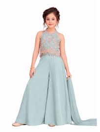 Gracecharm Crape Silk Girls Embroidered Ethnic Crop Top Palazzo Set with Dupatta