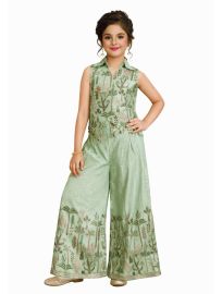 Gracecharm Pure Silk Girls Embroidered Ethnic Crop Top Palazzo Set
