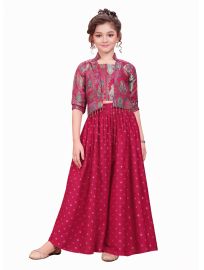 Gracecharm Girls Brocade Foil Silk Ethnic Crop Top Palazzo Set with Jacket