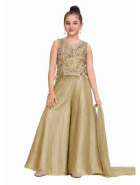Gracecharm Crape Silk Girls Embroidered Ethnic Crop Top Palazzo Set with Dupatta