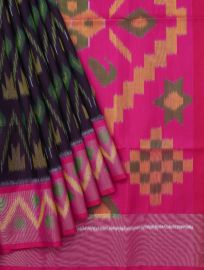 Gracecharm Pure Soft Silk Ikat Geometric Motif Contrast Border Saree
