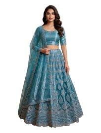 Graceful Essence Twill Net Floral Butta Embroidered Semi-Stitched Lehenga Choli