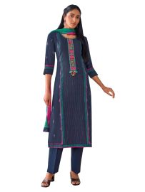 Graceful Muse Readymade Striped Floral Yoke Embroidered Salwar Kameez