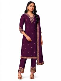 Graceful Muse Readymade Aubergine Floral V-Neck Embroidered Salwar Kameez