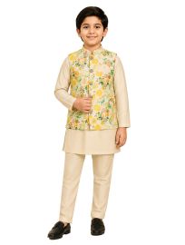 EliteCharm Boys Premium Ivory Abstract Floral Nehru Readymade Sherwani Set