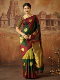 Vivaha Goddess Kanchipuram Pure Silk Temple Zigzag with Gold Round Butta Saree