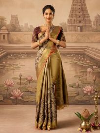 Vivaha Goddess Kanchipuram Pure Silk Bird Floral Jaal with Gold Pallu Saree