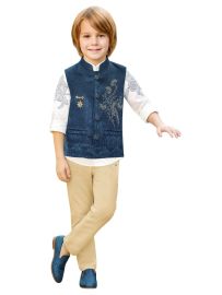 Gracecharm Boys Floral Embellished Nehru Waistcoat Shirt and Pant 3 Piece Set