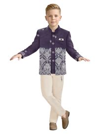 Gracecharm Boys Floral Border Embroidered Blazer Jacket 3 Piece Set