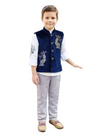 Gracecharm Boys Floral Leaf Motif Nehru Waistcoat 3 Piece Set