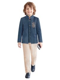 Gracecharm Boys Tonal Leaf Pattern Blazer Jacket 3 Piece Set