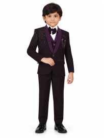 Royal Elegance Boys Deep Plum Purple Embellished Tuxedo 5 Piece Suit Set