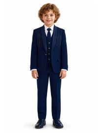Royal Elegance Boys Navy Blue Embellished Tuxedo 5 Piece Suit Set