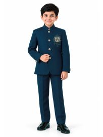 Royal Elegance Boys Deep Teal Blue Peacock Crest Embroidered Bandhgala Suit Set