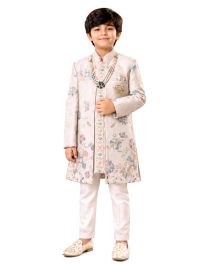 Royal Elegance Boys Ivory Beige Floral Embroidered Indo-Western 3 Piece Suit Set