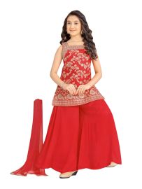 Graceful Essence Girls Floral Embroidered Top Palazzo Dupatta Set
