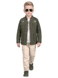 Gracecharm Boys Utility Pocket Jacket Printed T-Shirt Beige Cargo Trousers Set
