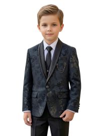 Royal Elegance Boys Floral Pattern Shawl Collar Blazer Waistcoat Shirt Trousers Suit Set