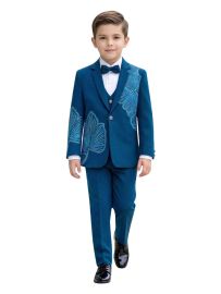 Royal Elegance Boys Ginkgo Leaf Embroidered Blazer Waistcoat Shirt Trousers Suit Set