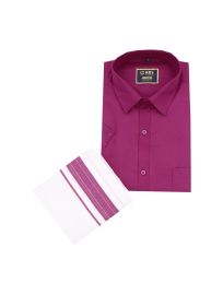KKV Men’s Magenta Pink Half Sleeve Cotton Shirt with Striped Border Dhoti Set