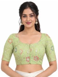 Graceful Essence Art Silk Light Pista Green Floral Embroidered Padded Blouse
