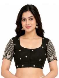 Graceful Essence Art Silk Black Floral Embroidered Padded Blouse