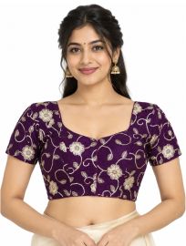 Graceful Essence Art Silk Deep Purple Floral Embroidered Padded Blouse