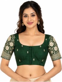 Graceful Essence Art Silk Bottle Green Floral Embroidered Padded Blouse
