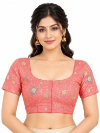 Graceful Essence Art Silk Coral Pink Floral Embroidered Padded Blouse