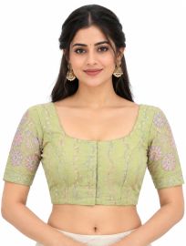Graceful Essence Art Silk Light Pista Green Floral Embroidered Padded Blouse