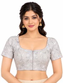 Graceful Essence Art Silk Silver Grey Floral Sequins Embroidered Padded Blouse