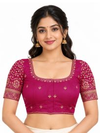 Graceful Essence Art Silk Rani Pink Gold Embroidered Padded Blouse
