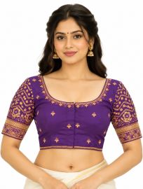 Graceful Essence Art Silk Royal Purple Gold Embroidered Padded Blouse