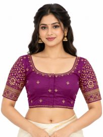Graceful Essence Art Silk Dark Magenta Gold Embroidered Padded Blouse