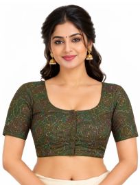 Graceful Essence Art Silk Olive Green Multicolour Floral Embroidered Padded Blouse