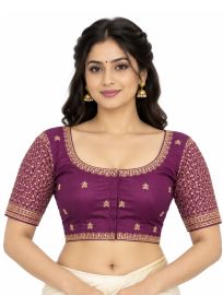 Graceful Essence Art Silk Plum Purple Gold Embroidered Padded Blouse