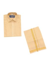 Gracecharm Boys Art Silk Half Sleeve Plain Shirt with Golden Zari Border Dhoti Set