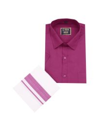 KKV Men’s Deep Magenta Solid Shirt with White Magenta Jacquard Border Dhoti Set
