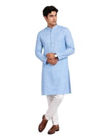 Men branded linen kurta set Sky Blue Solid with White Pants