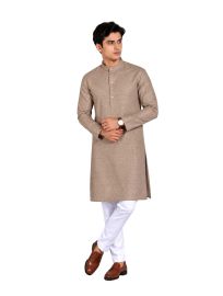 Men branded linen kurta set Taupe Brown Solid with White Pants